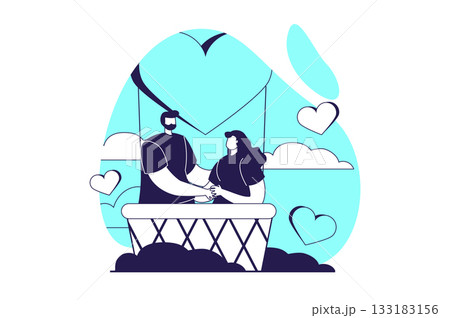Valentine's Day web concept with flat people for website design. Man and woman flying in hot air balloon on romantic date. Couple celebrating romance holiday with airship fly. Vector illustration. Valentine's Day web concept with flat people for website design. Man and woman flying in hot air balloon on romantic date. Couple celebrating romance holiday with airship fly. Vector illustration. 133183156
