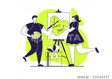 Valentine's Day web concept with flat people for website design. Man giving romance gift, painting picture to woman. Couple going on date together, celebrating romantic holiday. Vector illustration. Valentine's Day web concept with flat people for website design. Man giving romance gift, painting picture to woman. Couple going on date together, celebrating romantic holiday. Vector illustration. 133183157