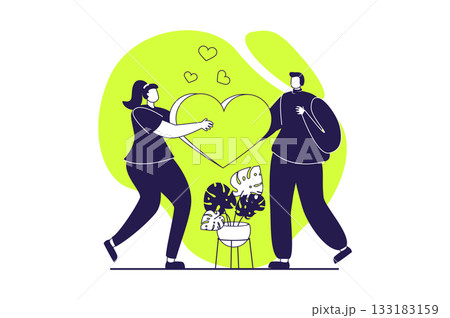 Valentine's Day web concept with flat people for website design. Woman making declaration of love to man. Couple going on surprise date together and celebrating romantic holiday. Vector illustration. Valentine's Day web concept with flat people for website design. Woman making declaration of love to man. Couple going on surprise date together and celebrating romantic holiday. Vector illustration. 133183159
