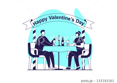 Valentine's Day web concept with flat people for website design. Girlfriend and boyfriend sitting at restaurant table, celebrating romantic holiday. Couple going on date together. Vector illustration. 133183161
