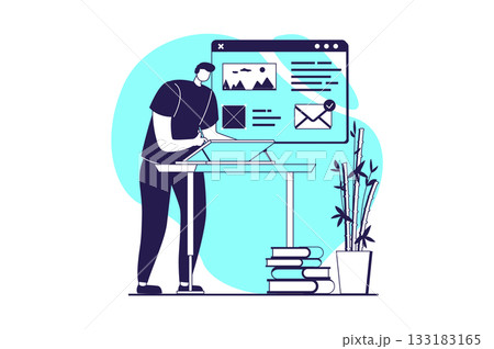 UI and UX designers web concept with flat people for website design. Man working with site template, engineering interface visual prototype with mobile applications at platform. Vector illustration. 133183165