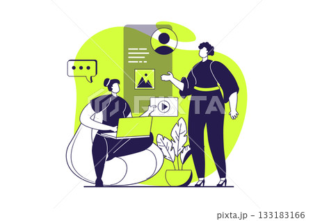 UI and UX designers web concept with flat people for website design. Women work in team, creating site interface, engineering mobile applications template, fixing prototypes. Vector illustration. 133183166