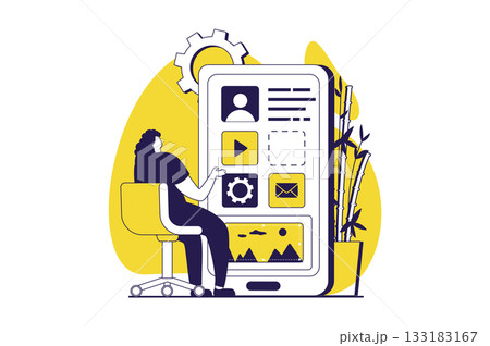 UI and UX designers web concept with flat people for website design. Woman creating site interface, placing buttons and mobile applications template, engineering menu at screen. Vector illustration. UI and UX designers web concept with flat people for website design. Woman creating site interface, placing buttons and mobile applications template, engineering menu at screen. Vector illustration. 133183167