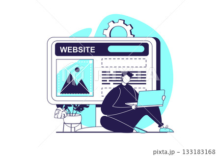 UI and UX designers web concept with flat people for website design. Man works at laptop, creating site interface and mobile application template, building navigation at screen. Vector illustration. 133183168
