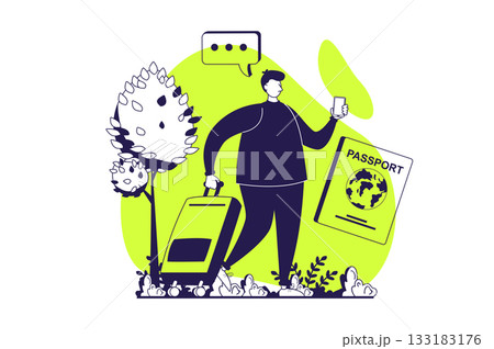 Travelling web concept with flat people for website design. Man with passport and suitcase going on vacation or business trip, flying in travel by plane, airline transportations. Vector illustration. Travelling web concept with flat people for website design. Man with passport and suitcase going on vacation or business trip, flying in travel by plane, airline transportations. Vector illustration. 133183176
