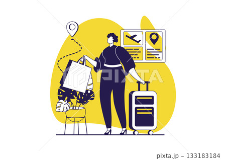 Travelling web concept with flat people for website design. Woman with suitcase going on vacation or business trip, flying in global travel by plane, airline transportations. Vector illustration. 133183184