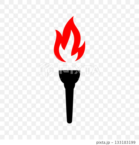 Single burning torch icon with red flame. Flat vector illustration of black silhouette torch for sports, ceremony, freedom and celebration design themes Single burning torch icon with red flame. Flat vector illustration of black silhouette torch for sports, ceremony, freedom and celebration design themes 133183199