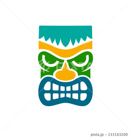Colorful tribal tiki mask with crown and round eyes. Vector Polynesian style face illustration for cultural art, tropical decor and festival themes 133183200