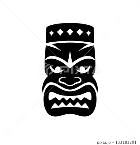 Angry tiki mask with diamond crown pattern and sharp teeth. Polynesian tribal vector face illustration for cultural, festival and tattoo themed projects Angry tiki mask with diamond crown pattern and sharp teeth. Polynesian tribal vector face illustration for cultural, festival and tattoo themed projects 133183201