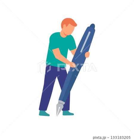 Man with giant blue fountain pen. Flat vector illustration of male character holding oversized ink pen for writing, drawing and creative school concepts 133183205