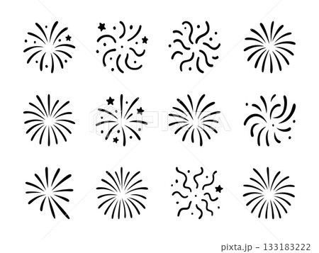 Collection of twelve black fireworks. Burst icons in various abstract styles Collection of twelve black fireworks. Burst icons in various abstract styles 133183222