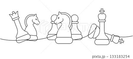 Minimalist chess line drawing of knights, pawns, and a fallen king in abstract design 133183254
