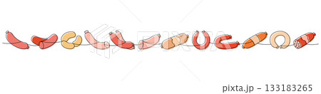 Sausage set. Smoked sausages one line colored continuous drawing. Vector illustration Sausage set. Smoked sausages one line colored continuous drawing. Vector illustration 133183265