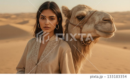 Woman with camel in desert Woman with camel in desert 133183354