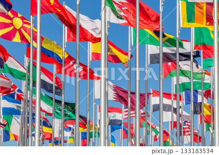 National flags of many countries waving in the wind, including Brazil, Spain, Saudi Arabia, Iraq, Oman, Sri Lanka, Macedonia, Ethiopia and Egypt, Doha, Qatar National flags of many countries waving in the wind, including Brazil, Spain, Saudi Arabia, Iraq, Oman, Sri Lanka, Macedonia, Ethiopia and Egypt, Doha, Qatar 133183534