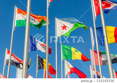 Many world's countries national flags waving on the wind, with Djibouti, French, Indian, Romanian and Senegal banners in the foreground, Doha, Qatar Many world's countries national flags waving on the wind, with Djibouti, French, Indian, Romanian and Senegal banners in the foreground, Doha, Qatar 133183536