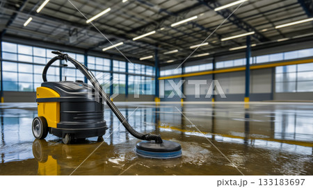 poster with vacuum cleaner against background of an empty production workshop, cleaning with industrial vacuum cleaner for wet and dry cleaning of workshops, importance of maintaining cleanliness 133183697