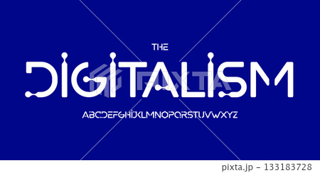 Biotech futuristic logo font, connected sci-fi alphabet. Rounded digital typeface for science headline, neural tech UI, innovation lab display, AI interface, modern system branding. Vector typography. 133183728