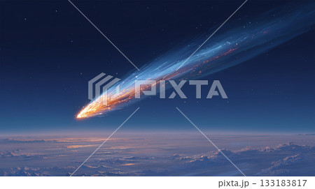 星海を斜めに貫く蒼光の火球 133183817