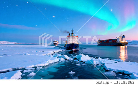 Merchant ships and container ships are navigating a new trade route following the melting of the Arctic Ocean, your trade routes along the Northern Sea Route for global trade 133183862