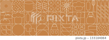 Bread and pastries background. Abstract bakery menu background with line drawing. Geometric pattern bread, croissant, donut. Bakery line pattern. 133184064