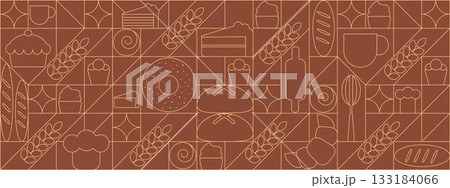 Bread and pastries background. Abstract bakery menu background with line drawing. Geometric pattern bread, croissant, donut. Bakery line pattern. Bread and pastries background. Abstract bakery menu background with line drawing. Geometric pattern bread, croissant, donut. Bakery line pattern. 133184066