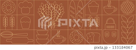 Bread and pastries background. Abstract bakery menu background with line drawing. Geometric pattern bread, croissant, donut. Bakery line pattern. Bread and pastries background. Abstract bakery menu background with line drawing. Geometric pattern bread, croissant, donut. Bakery line pattern. 133184067