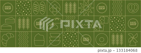 Bread and pastries background. Abstract bakery menu background with line drawing. Geometric pattern bread, croissant, donut. Bakery line pattern. 133184068