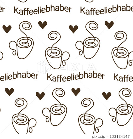 Coffee Cups with Decorative hearts and Kaffeeliebhaber German Text Seamless Pattern Monochrome brown 133184147
