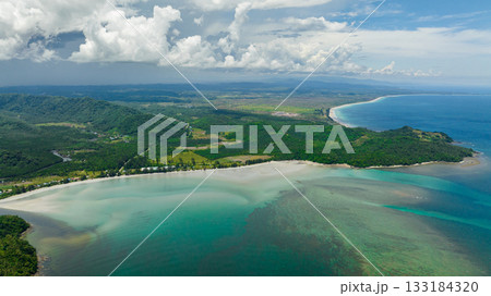 Aerial drone of coast of the island of Borneo with beautiful beaches, bays and lagoons. Malaysia. 133184320