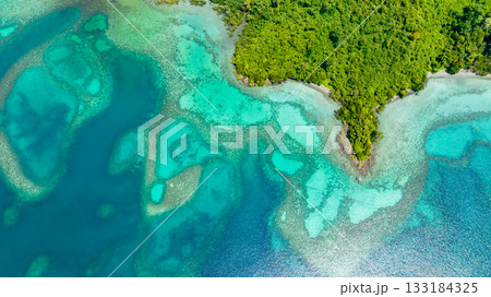 Aerial view of lagoon with turquoise water in the bay of a tropical island. Borneo, Sabah, Malaysia. Aerial view of lagoon with turquoise water in the bay of a tropical island. Borneo, Sabah, Malaysia. 133184325