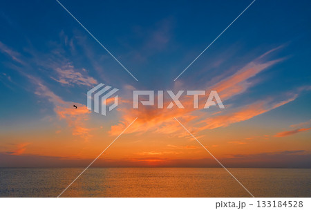 Fantastic sunset over sea, bright colors of autumn sky over the calm sea, a seagull soars over water, an idea for a poster about velvet season at sea as period of mild and warm weather before winter Fantastic sunset over sea, bright colors of autumn sky over the calm sea, a seagull soars over water, an idea for a poster about velvet season at sea as period of mild and warm weather before winter 133184528