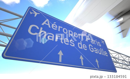Minimalist transport sign for Paris Charles de Gaulle Airport with jet ascending across clear blue sky, departing from Paris, France. 3D rendering 133184591