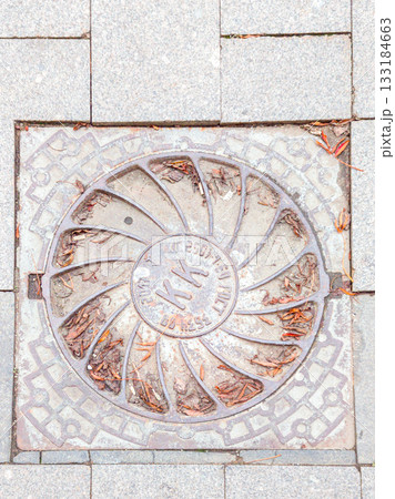 A manhole cover with a floral pattern on a city sidewalk, surrounded by gray stones and autumn leaves. A manhole cover with a floral pattern on a city sidewalk, surrounded by gray stones and autumn leaves. 133184663