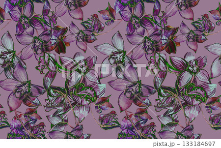 A seamless pattern with dark monochrome painted orchids of varying sizes for textiles 133184697