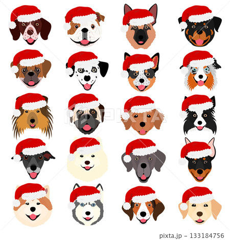 サンタの帽子をかぶった笑顔の大型犬の顔のセット 133184756