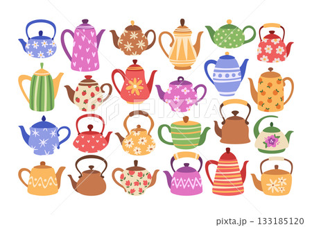Vintage teapots colorful set with variety of bright hues, classic shapes and retro patterns Vintage teapots colorful set with variety of bright hues, classic shapes and retro patterns 133185120