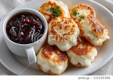 Cottage syrniki. Ukrainian breakfast. Syrniki and sweet red jam in plate on a white background. Curd fritter. Top view. 133185366
