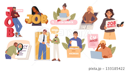 People searching for jobs online, creating and submitting resumes for career advancement set People searching for jobs online, creating and submitting resumes for career advancement set 133185422