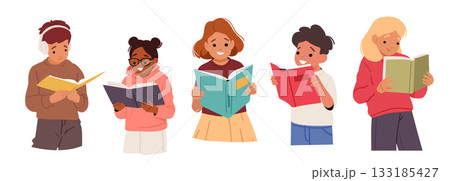 Smart children cartoon girl and boy characters reading classic traditional paper books isolated set Smart children cartoon girl and boy characters reading classic traditional paper books isolated set 133185427