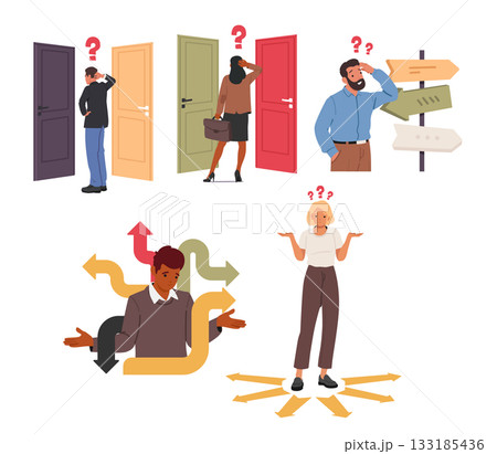 Confused people thinking, looking for decision, making choice, searching for solution isolated set Confused people thinking, looking for decision, making choice, searching for solution isolated set 133185436