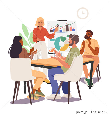 Team congratulating female colleague finished presentation of new business project cartoon scene Team congratulating female colleague finished presentation of new business project cartoon scene 133185437