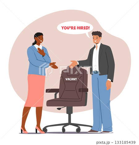 Male employer extending invitation offering workplace to newly hired female candidate cartoon scene Male employer extending invitation offering workplace to newly hired female candidate cartoon scene 133185439