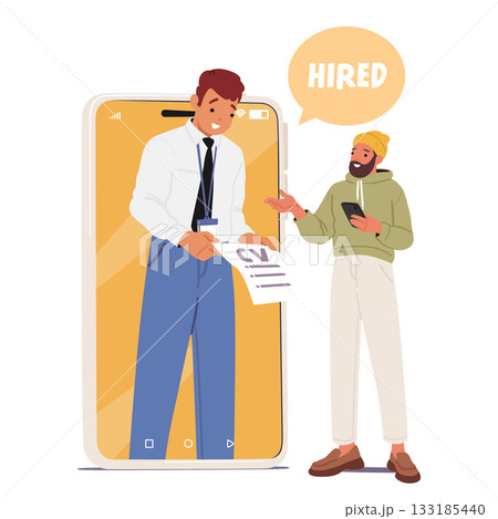 Happy excited job candidate exuberantly rejoicing after receiving positive answer from HR manager Happy excited job candidate exuberantly rejoicing after receiving positive answer from HR manager 133185440
