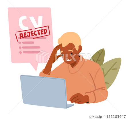 Upset man cartoon character candidate receiving rejected CV form notification on laptop computer 133185447