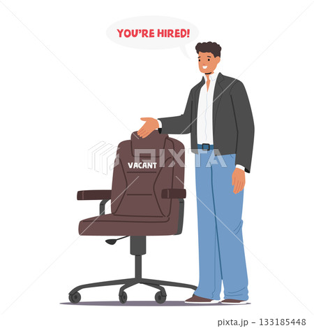 Employer businessman cartoon character pointing at vacant place towards empty position in armchair Employer businessman cartoon character pointing at vacant place towards empty position in armchair 133185448