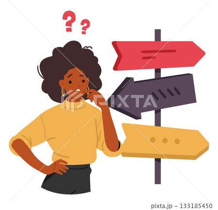 Young woman feeling confused standing at crossroads in front of road signs, thinking and deciding 133185450
