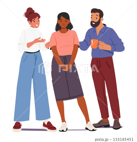 Team congratulating female colleague during informal talk standing together isolated on white 133185451