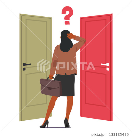 Businesswoman character feeling confused and perplexed thinking choosing between two symbolic doors 133185459