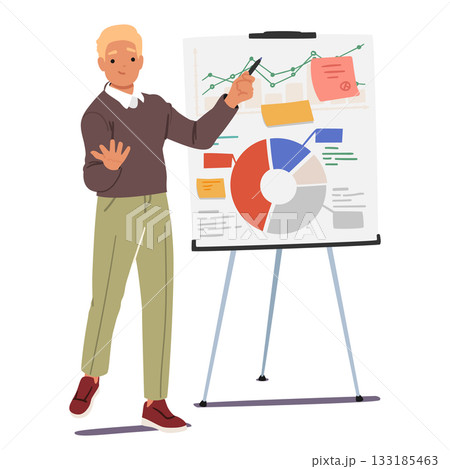 Confident businessman character presenting new business strategy using whiteboard isolated on white 133185463